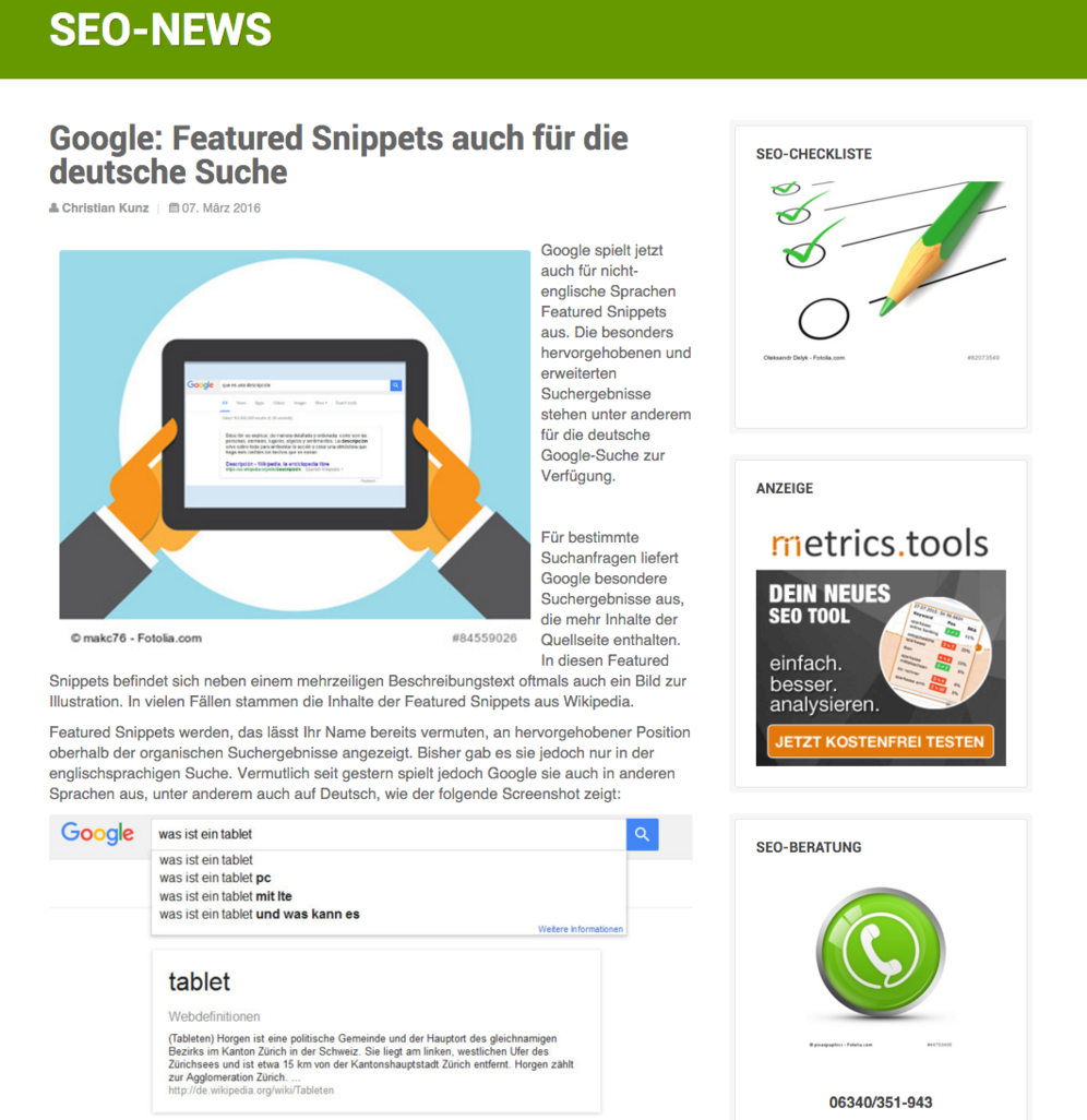 seo-suedwest.de Google: Featured Snippets auch für die deutsche Suche